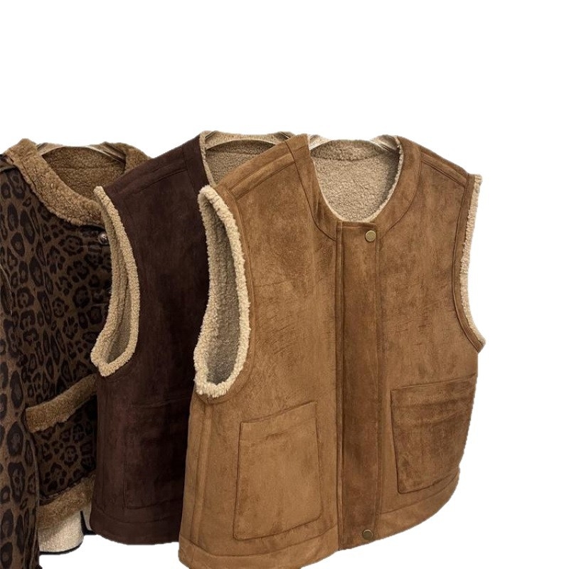 Bez rukava vesta s janjećom kožom, dvostruka, korejskog stila, kratka duljina, prednji zip, ovratnik stila sakoa, chenille tkanina s elastanom, punilo od pamuka