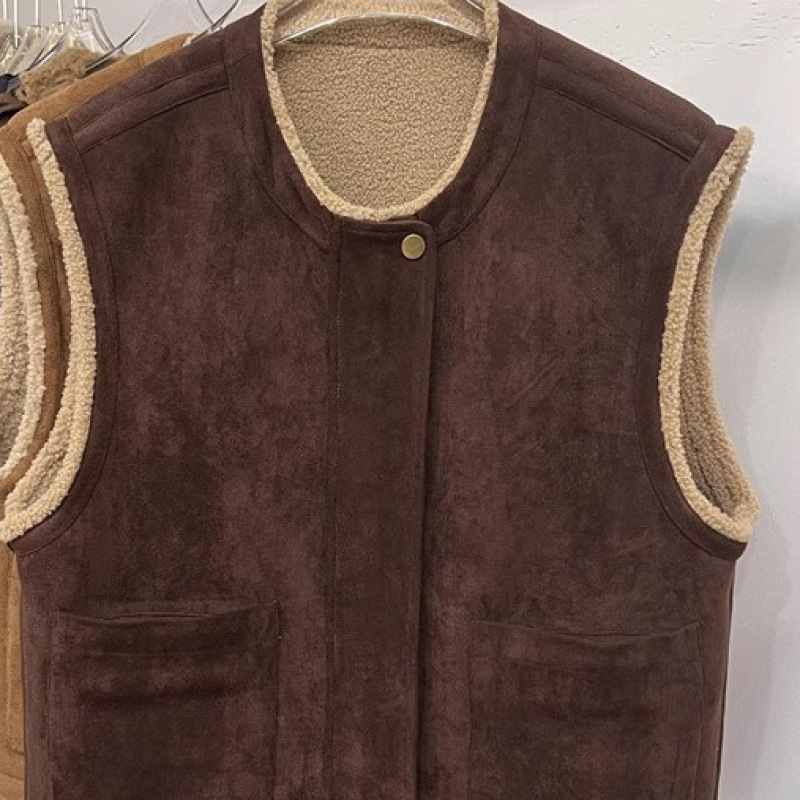 Bez rukava vesta s janjećom kožom, dvostruka, korejskog stila, kratka duljina, prednji zip, ovratnik stila sakoa, chenille tkanina s elastanom, punilo od pamuka