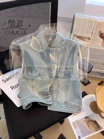 Női denim mellény, kardigán stílus, rövid szabás, polo gallér