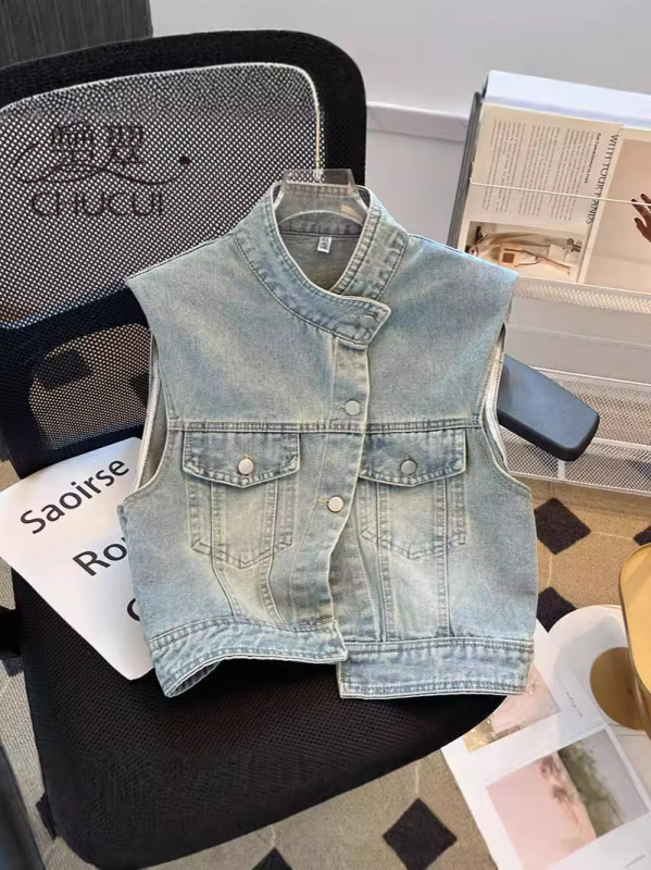 Női denim mellény, kardigán stílus, rövid szabás, polo gallér