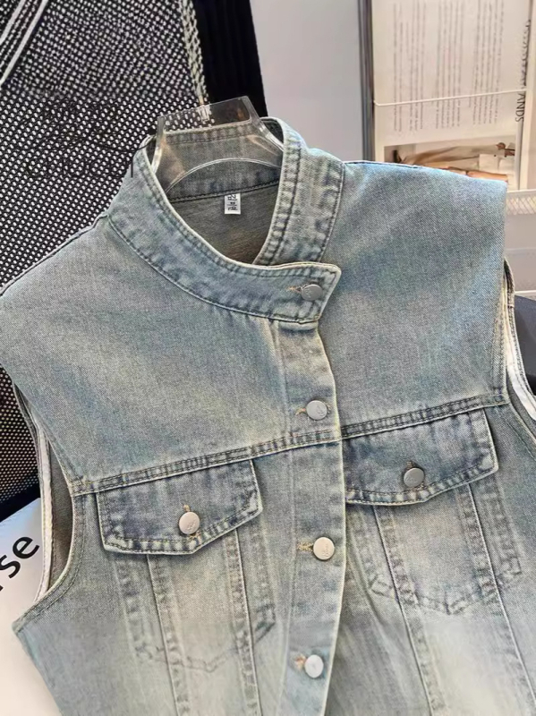 Női denim mellény, kardigán stílus, rövid szabás, polo gallér