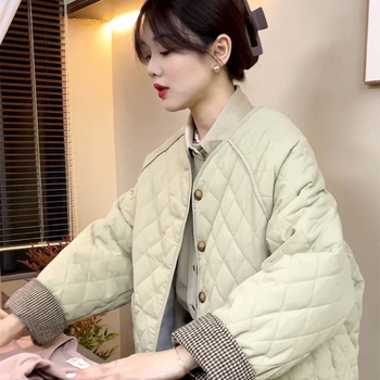 Ženska kratka pamučna jakna u korejskom stilu s dijamantnim šivanjem, Polo ovratnik, Chenille tkanina, Silk Cotton punilo