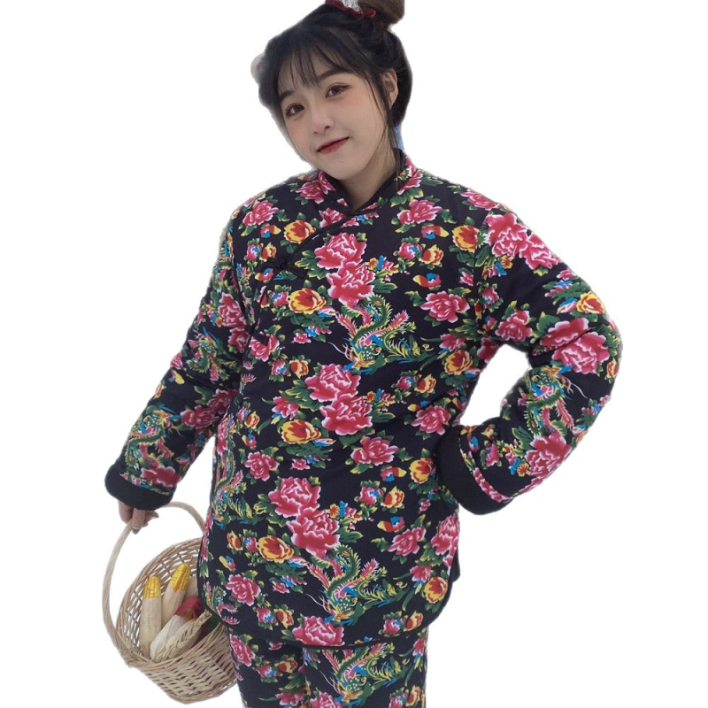 Ženska pamučna jakna s floralnim uzorkom u etno stilu, chenille tkanina, polo ovratnik, zatvaranje jednim gumbom