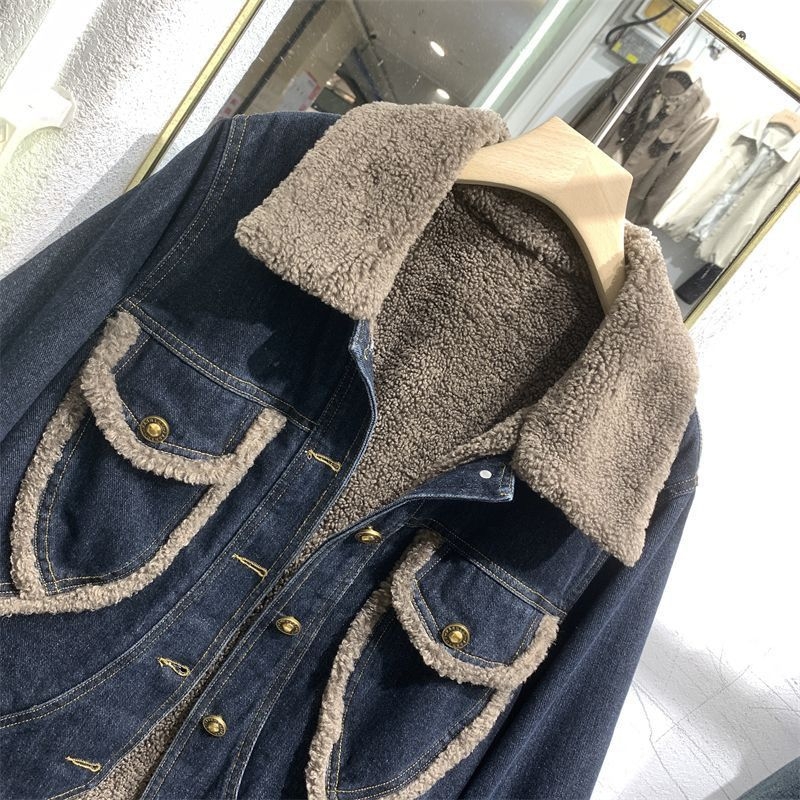 Džins parka s fleece podstavom, polo ovratnik, dugi rukavi, duljina 50–65 cm