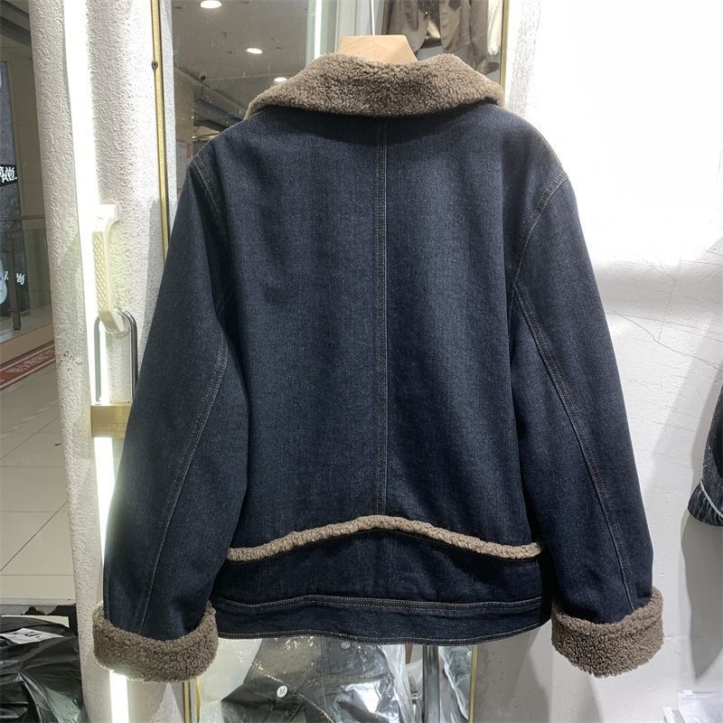 Džins parka s fleece podstavom, polo ovratnik, dugi rukavi, duljina 50–65 cm
