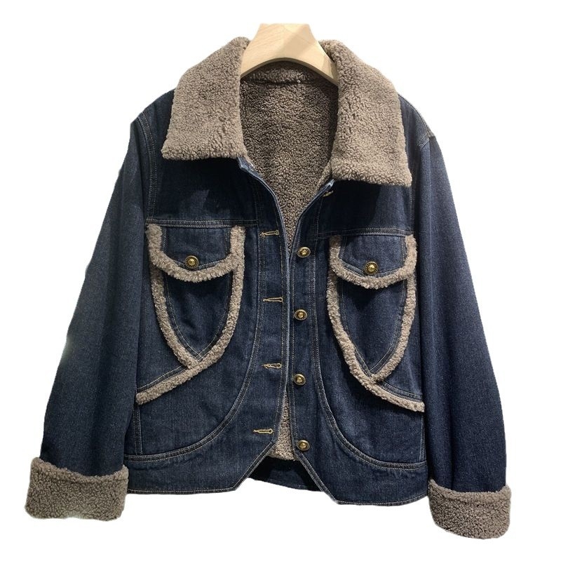 Džins parka s fleece podstavom, polo ovratnik, dugi rukavi, duljina 50–65 cm