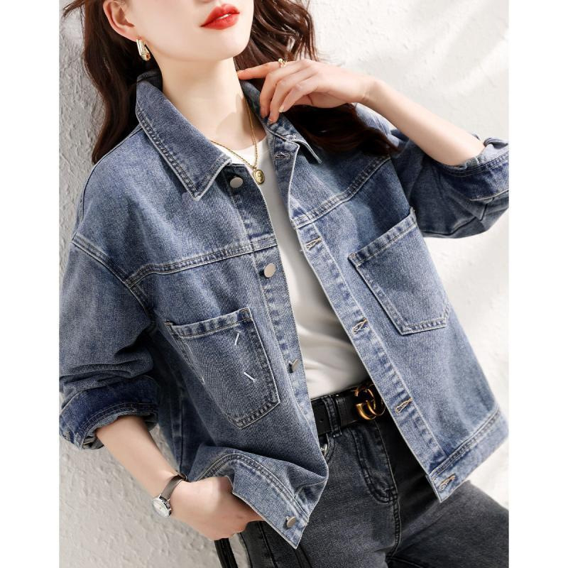 Ženska kratka traper jakna s polo ovratnikom, ležernog kroja, duge rukave, pamuk denim, duljina 50–65 cm