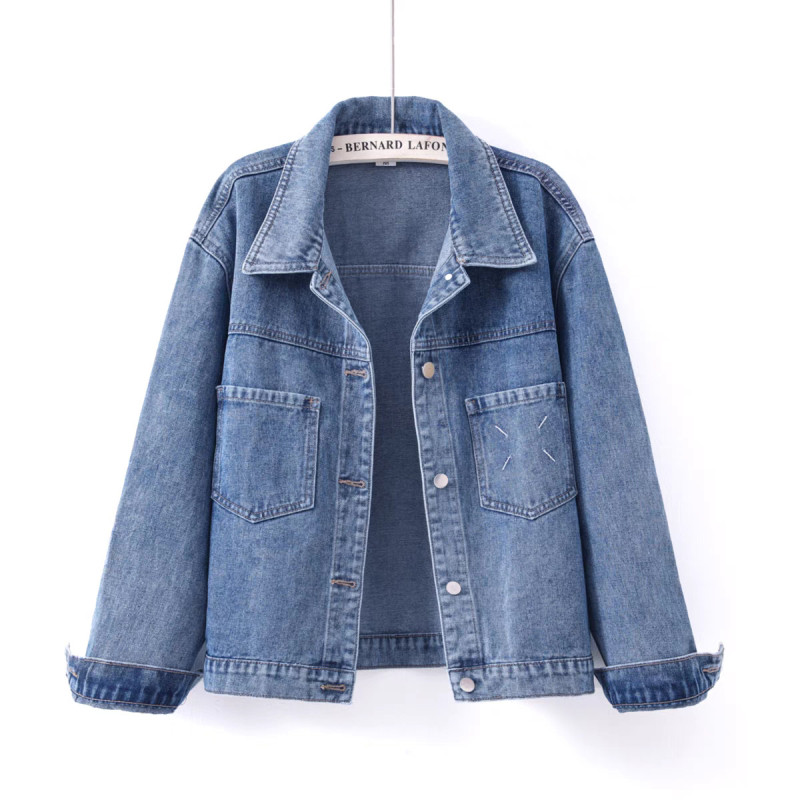 Ženska kratka traper jakna s polo ovratnikom, ležernog kroja, duge rukave, pamuk denim, duljina 50–65 cm