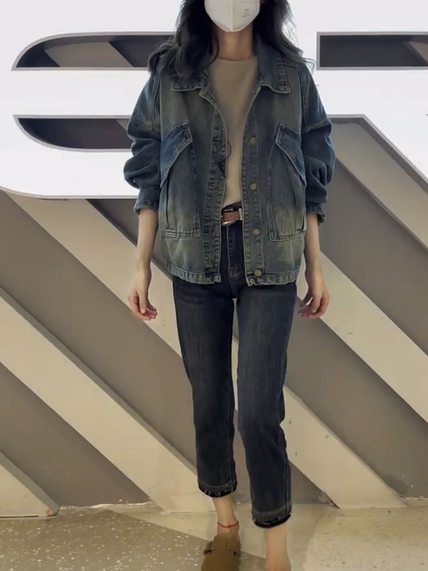 Denim jakna širokog kroja s polo ovratnikom, dugi rukavi, pamuk-denim, jesen 2023, obična duljina (50–65 cm)