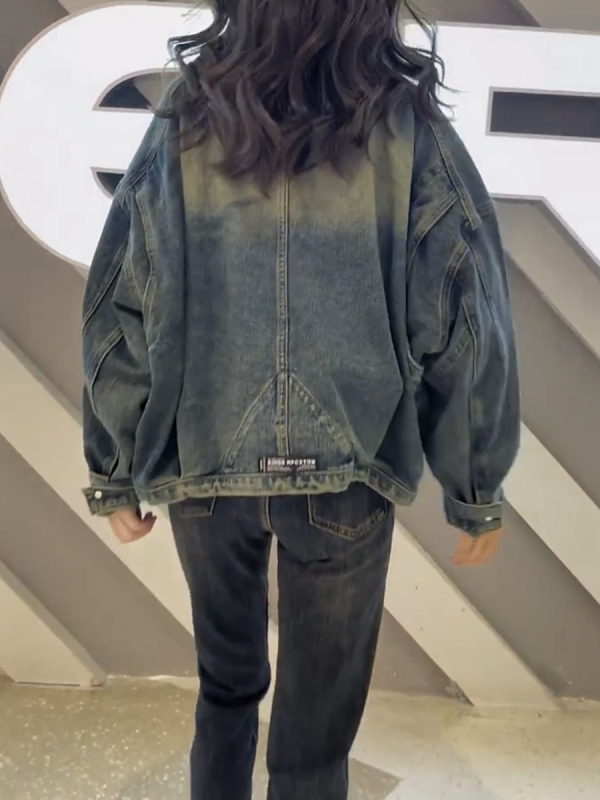 Denim jakna širokog kroja s polo ovratnikom, dugi rukavi, pamuk-denim, jesen 2023, obična duljina (50–65 cm)