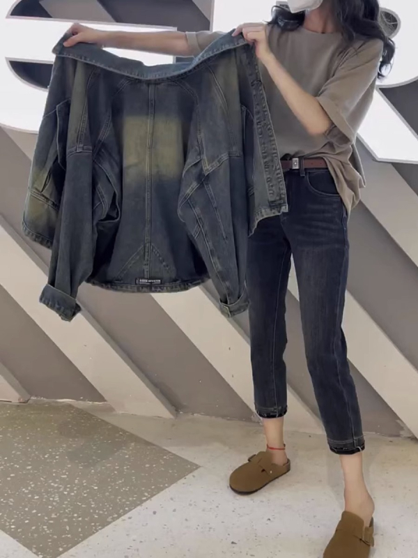 Denim jakna širokog kroja s polo ovratnikom, dugi rukavi, pamuk-denim, jesen 2023, obična duljina (50–65 cm)