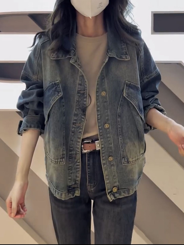 Denim jakna širokog kroja s polo ovratnikom, dugi rukavi, pamuk-denim, jesen 2023, obična duljina (50–65 cm)
