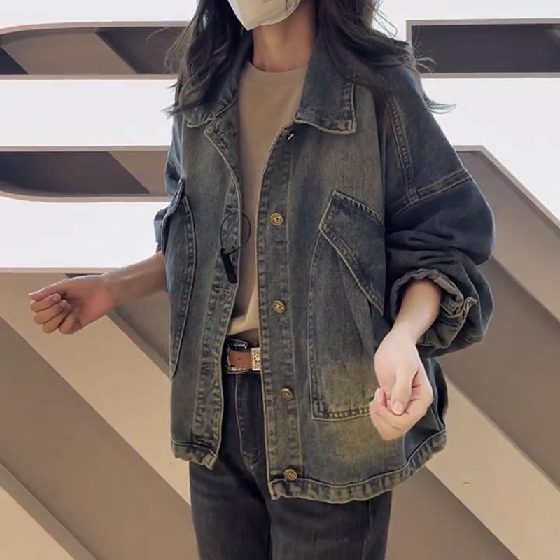 Denim jakna širokog kroja s polo ovratnikom, dugi rukavi, pamuk-denim, jesen 2023, obična duljina (50–65 cm)