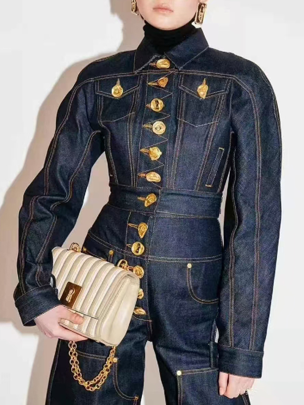 Denim jakna s dugim rukavima i ovratnikom tipa lapel, ulični hipster stil, srednja duljina, mješavina pamuka i elastana (50–70% pamuka, 30–50% elastana)