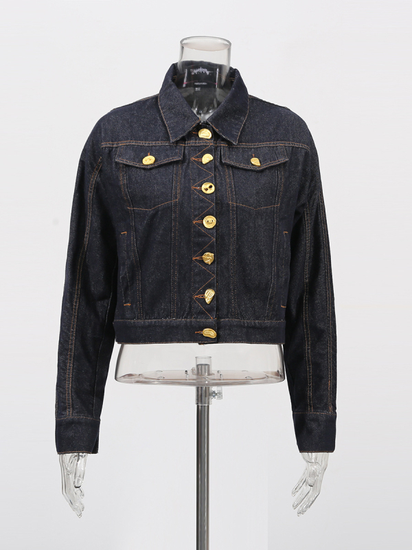 Denim jakna s dugim rukavima i ovratnikom tipa lapel, ulični hipster stil, srednja duljina, mješavina pamuka i elastana (50–70% pamuka, 30–50% elastana)