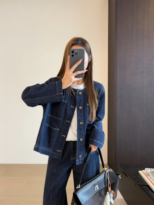 Ženska džins jakna s velikim džepovima, vintage stil, polo ovratnik, prostran kroj, pamuk-denim sa spandexom