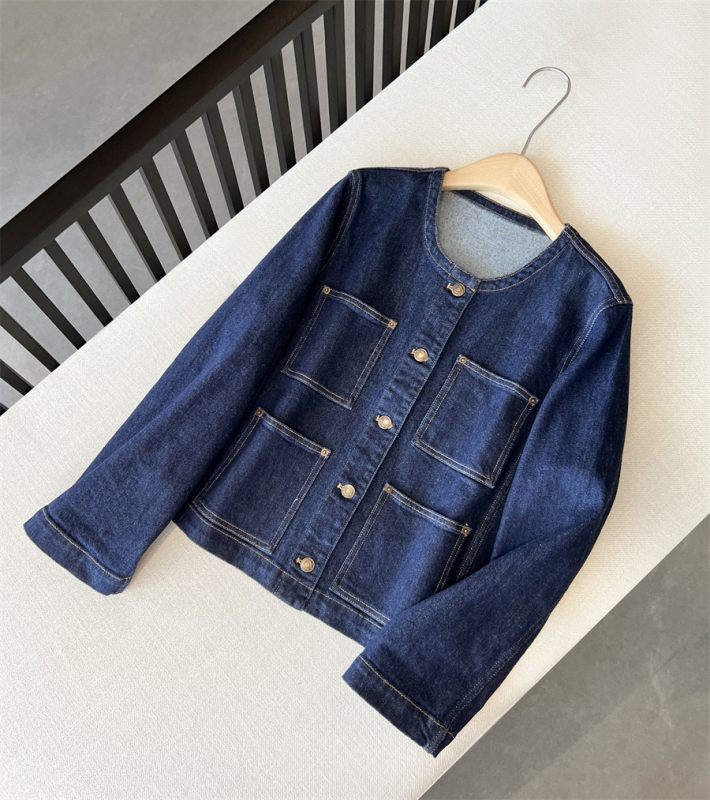 Ženska džins jakna s velikim džepovima, vintage stil, polo ovratnik, prostran kroj, pamuk-denim sa spandexom
