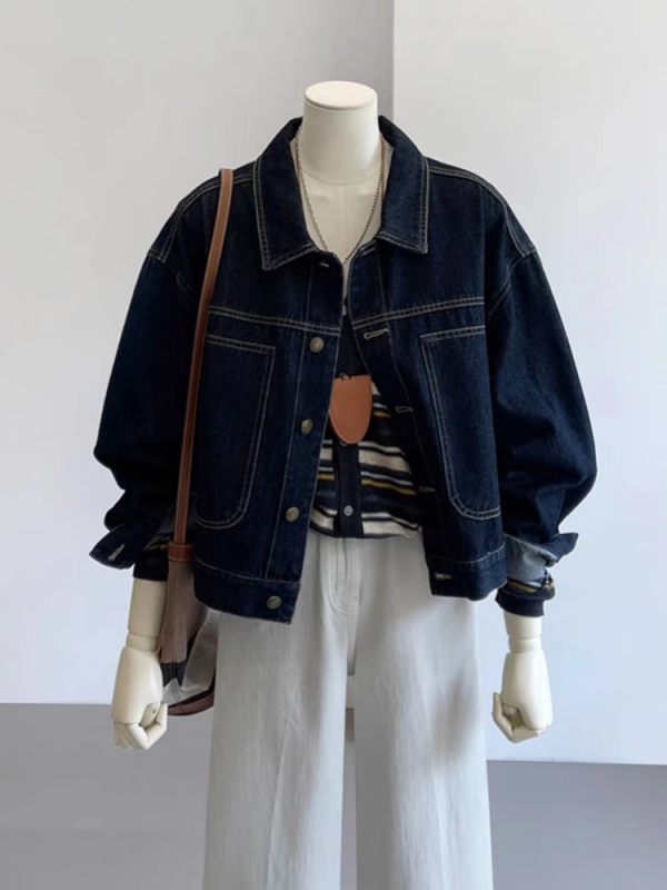 Denim jakna u korejskom stilu, slobodan kroj, polo ovratnik, dugi rukavi, obična duljina, proljeće 2025