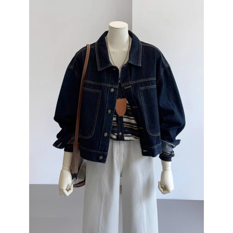 Denim jakna u korejskom stilu, slobodan kroj, polo ovratnik, dugi rukavi, obična duljina, proljeće 2025