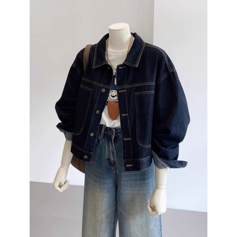 Denim jakna u korejskom stilu, slobodan kroj, polo ovratnik, dugi rukavi, obična duljina, proljeće 2025