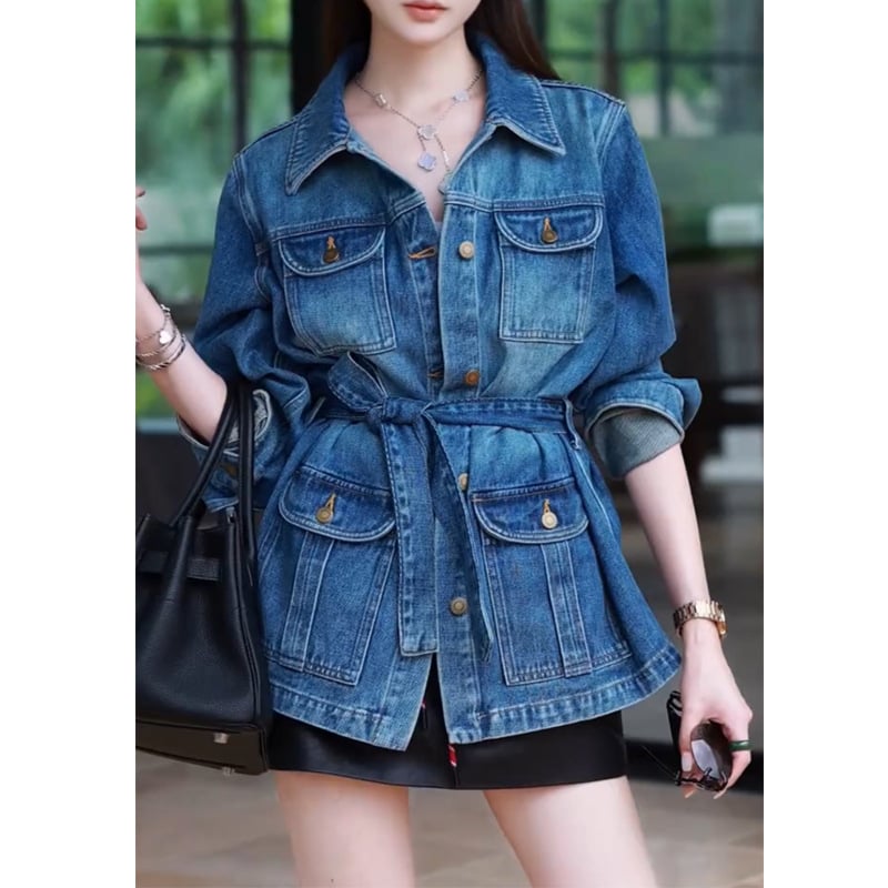 Τζιν μπουφάν με στενή γραμμή, μακριά μανίκια, γιακά πόλο, φινίρισμα πλυσίματος, ύφασμα πολυεστέρα