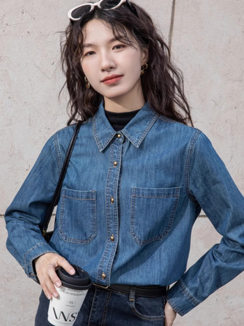 Cămașă din denim pentru femei, căptușeală de fleece, mâneci lungi, guler rever, toamnă 2024