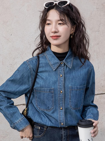 Cămașă din denim pentru femei, căptușeală de fleece, mâneci lungi, guler rever, toamnă 2024