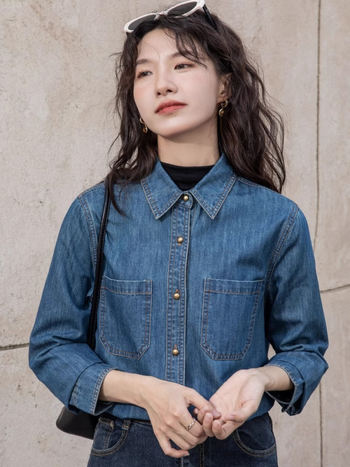 Cămașă din denim pentru femei, căptușeală de fleece, mâneci lungi, guler rever, toamnă 2024