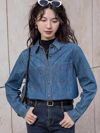 Cămașă din denim pentru femei, căptușeală de fleece, mâneci lungi, guler rever, toamnă 2024