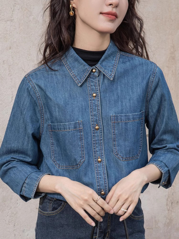 Cămașă din denim pentru femei, căptușeală de fleece, mâneci lungi, guler rever, toamnă 2024