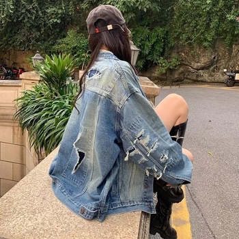 Ženska džins jakna-cardigan u američkom retro stilu, slobodan kroj, dugi rukavi, rever s izrezom, isprani denim, pamuk 70–80%, duljina 50–65 cm, proljeće 2024