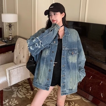 Ženska džins jakna-cardigan u američkom retro stilu, slobodan kroj, dugi rukavi, rever s izrezom, isprani denim, pamuk 70–80%, duljina 50–65 cm, proljeće 2024