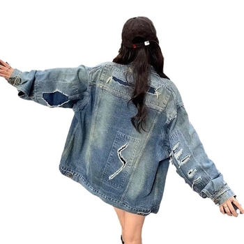 Ženska džins jakna-cardigan u američkom retro stilu, slobodan kroj, dugi rukavi, rever s izrezom, isprani denim, pamuk 70–80%, duljina 50–65 cm, proljeće 2024
