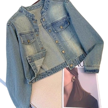 Jachetă scurtă din denim pentru femei - Petite, guler Polo, mâneci prințesă, lungime scurtă 40-50 cm, primăvara 2025