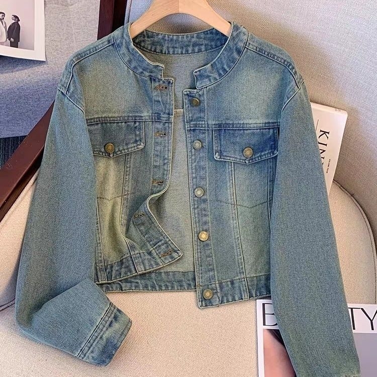 Jachetă scurtă din denim pentru femei - Petite, guler Polo, mâneci prințesă, lungime scurtă 40-50 cm, primăvara 2025