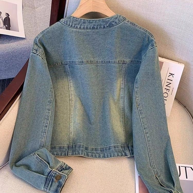 Jachetă scurtă din denim pentru femei - Petite, guler Polo, mâneci prințesă, lungime scurtă 40-50 cm, primăvara 2025