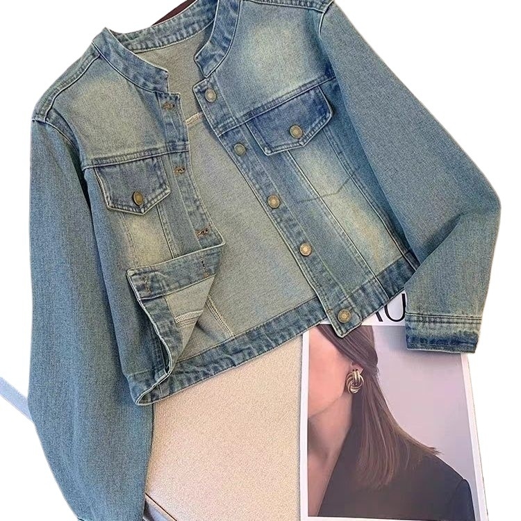 Jachetă scurtă din denim pentru femei - Petite, guler Polo, mâneci prințesă, lungime scurtă 40-50 cm, primăvara 2025