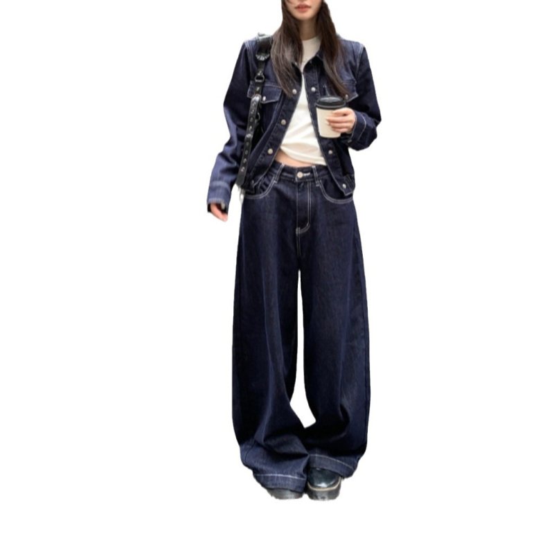 Ženska kratka traper jakna, labav kroj, duge rukave, rever, gradski stil, akrilna tkanina