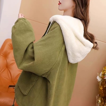 Jachetă de denim pentru femei cu glugă, croială lejeră, fermoar frontal, mâneci lungi, denim 95% bumbac, stil urban, lungime 50–65 cm