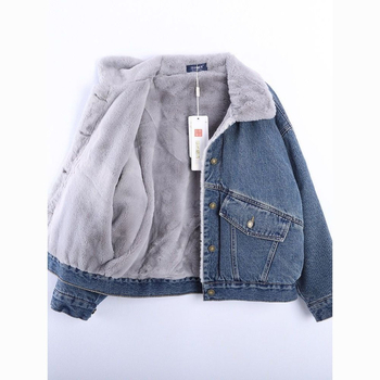 Ženska jakna od denima i pamuka s fleece podstavom za jesen-zimu, korejski stil – polo ovratnik, Chenille tkanina, 30–50% Spandex