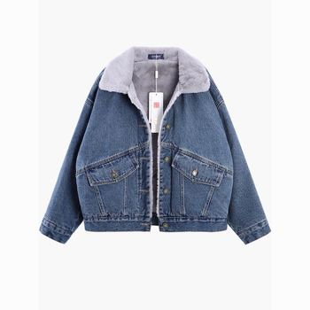Ženska jakna od denima i pamuka s fleece podstavom za jesen-zimu, korejski stil – polo ovratnik, Chenille tkanina, 30–50% Spandex