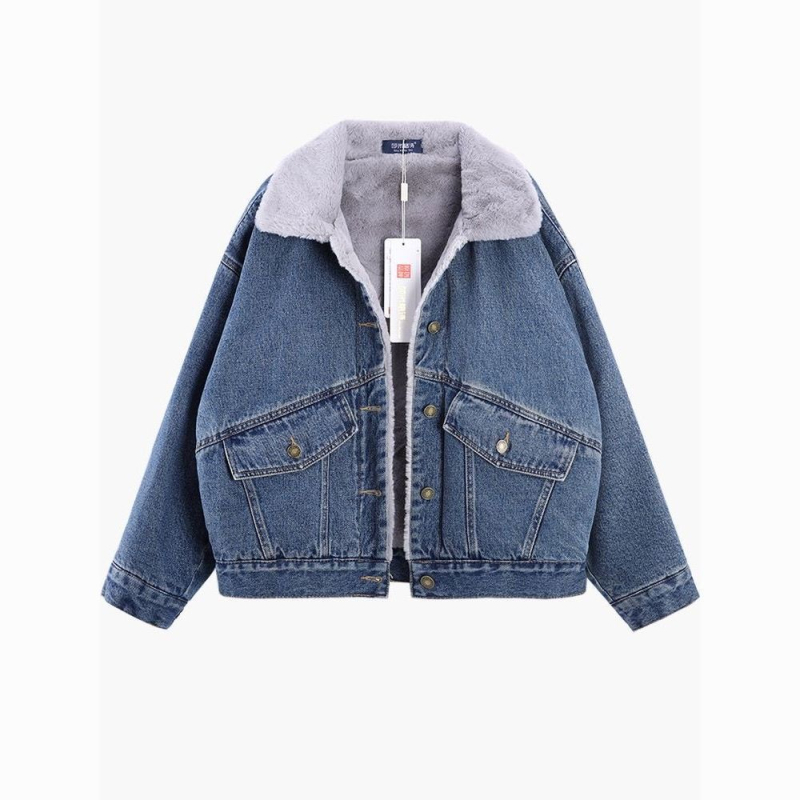 Ženska jakna od denima i pamuka s fleece podstavom za jesen-zimu, korejski stil – polo ovratnik, Chenille tkanina, 30–50% Spandex