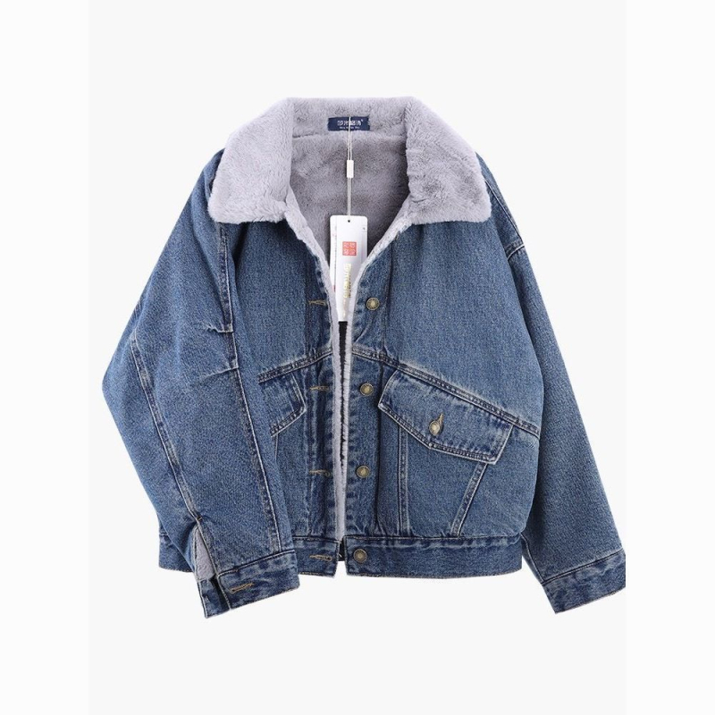 Ženska jakna od denima i pamuka s fleece podstavom za jesen-zimu, korejski stil – polo ovratnik, Chenille tkanina, 30–50% Spandex