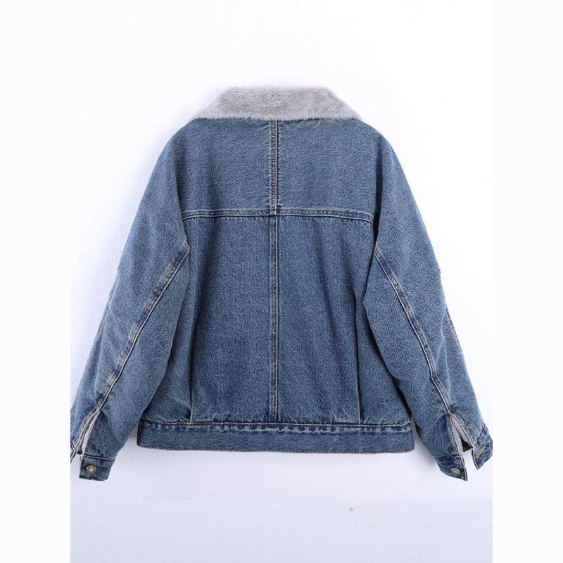 Ženska jakna od denima i pamuka s fleece podstavom za jesen-zimu, korejski stil – polo ovratnik, Chenille tkanina, 30–50% Spandex
