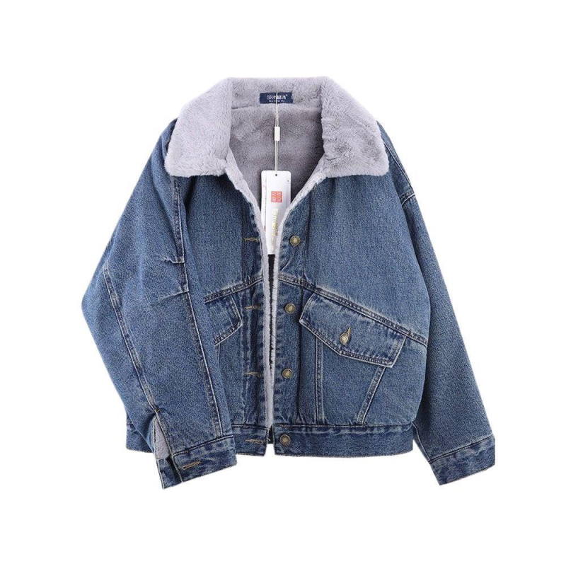 Ženska jakna od denima i pamuka s fleece podstavom za jesen-zimu, korejski stil – polo ovratnik, Chenille tkanina, 30–50% Spandex