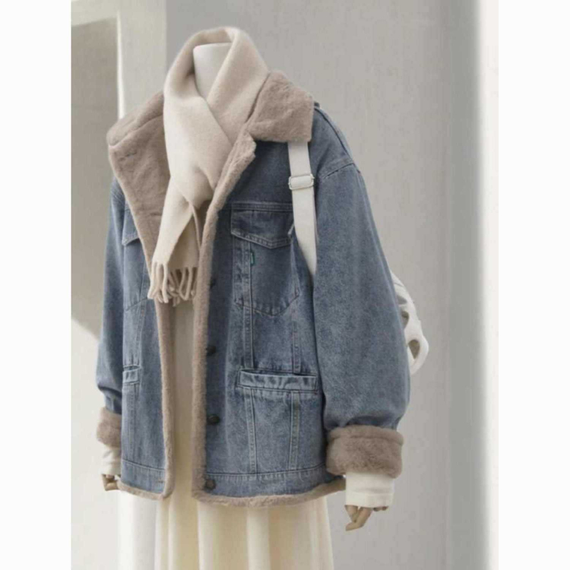 Ženska denim jakna od ovčje vune, jesen-zima 2025, udoban slobodan kroj, fleece podstava, kratka duljina