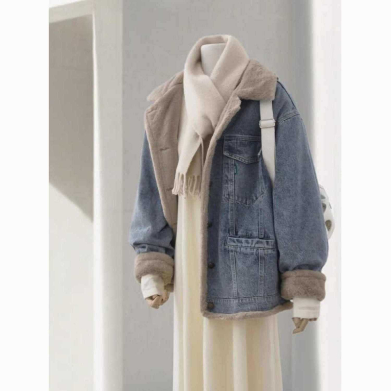Ženska denim jakna od ovčje vune, jesen-zima 2025, udoban slobodan kroj, fleece podstava, kratka duljina