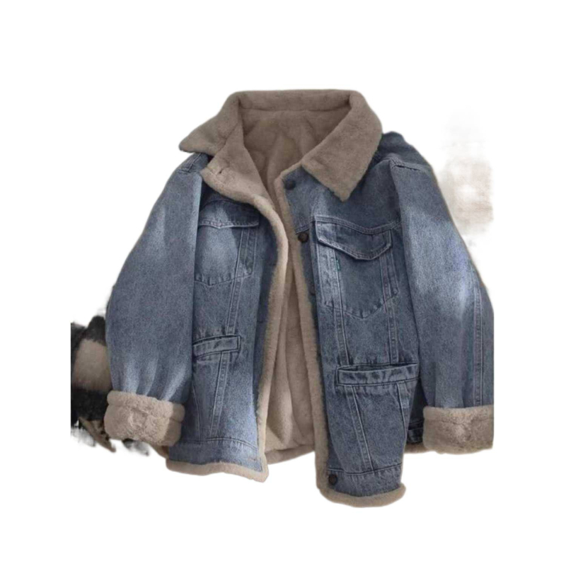 Ženska denim jakna od ovčje vune, jesen-zima 2025, udoban slobodan kroj, fleece podstava, kratka duljina