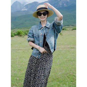 Jachetă scurtă de denim pentru femei, Chanel stil, croială Slim, lungime scurtă, guler polo, 3183