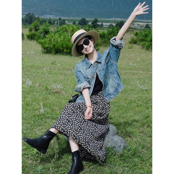 Jachetă scurtă de denim pentru femei, Chanel stil, croială Slim, lungime scurtă, guler polo, 3183